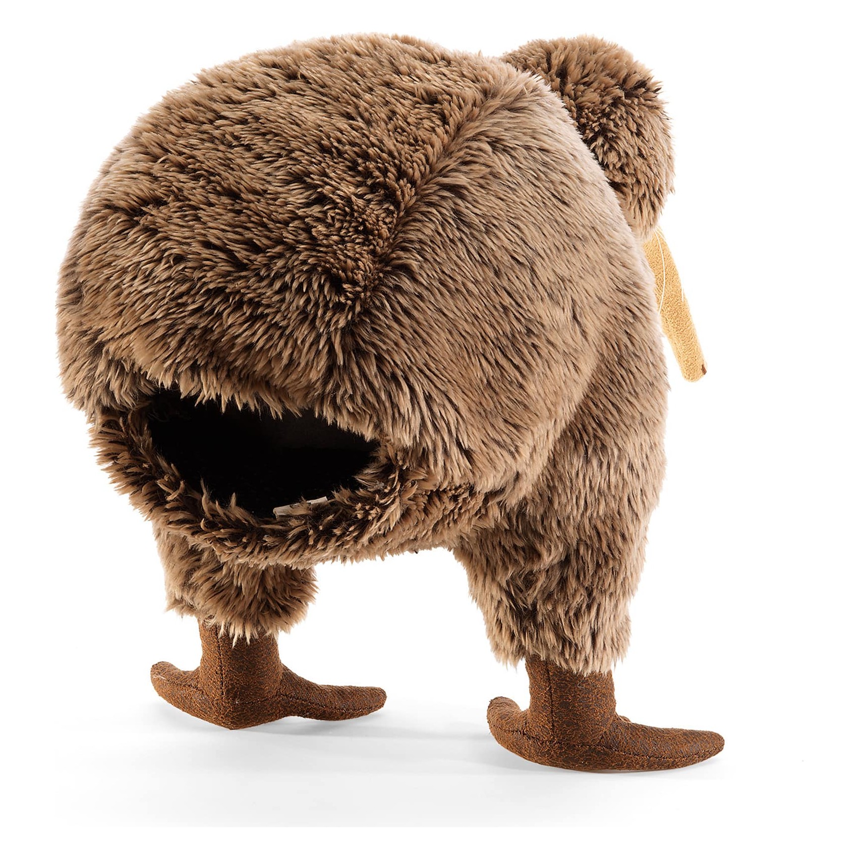 Folkmanis Handpuppe Kiwi aus braunem Plüsch, Schrägansicht von hinten mit sichtbarer Handöffnung, braunen Füßen und kurzem Schnabel