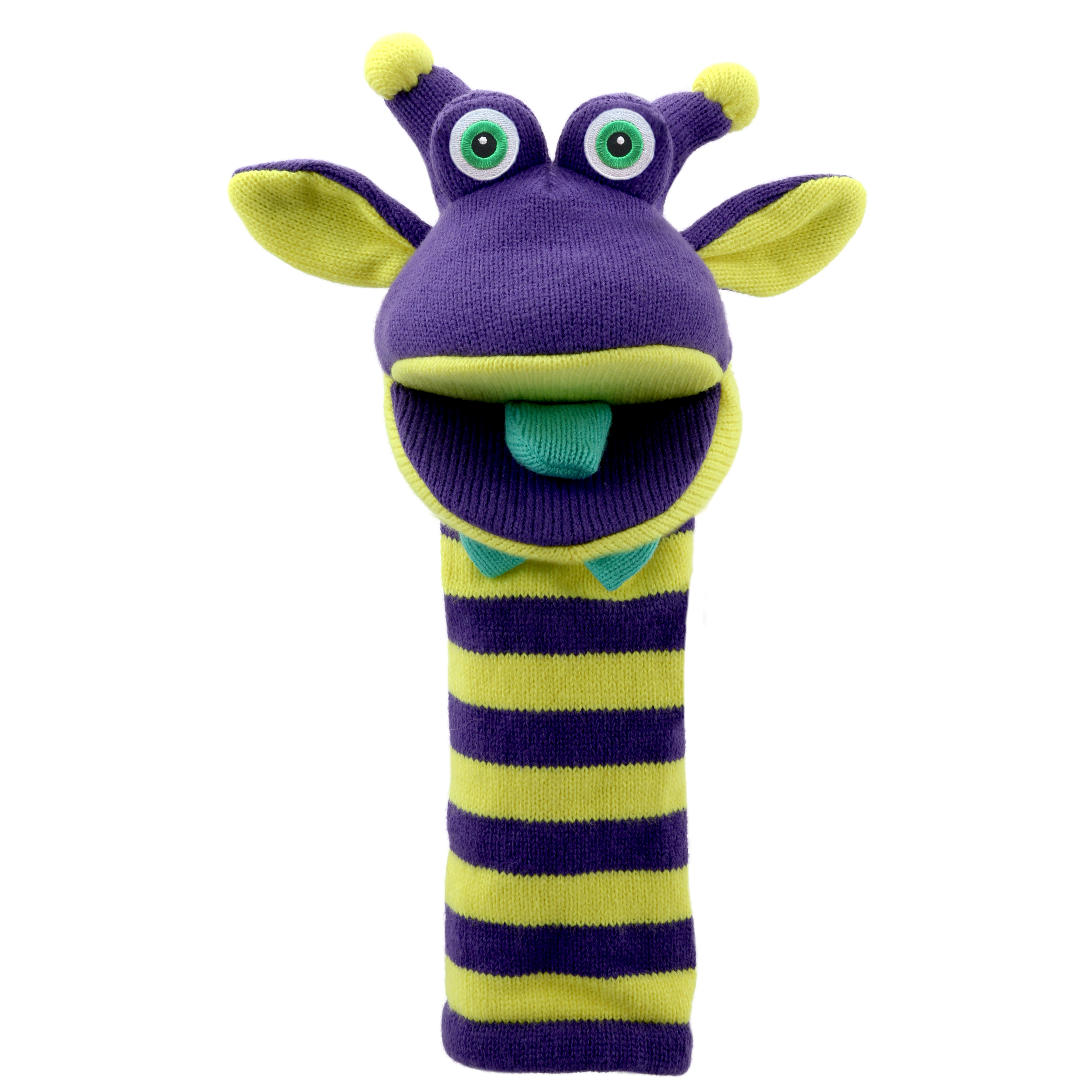 The Puppet Company Sockenhandpuppe Rupert, violettes Monster mit grünen Ohren, Fühlern und türkiser Fliege