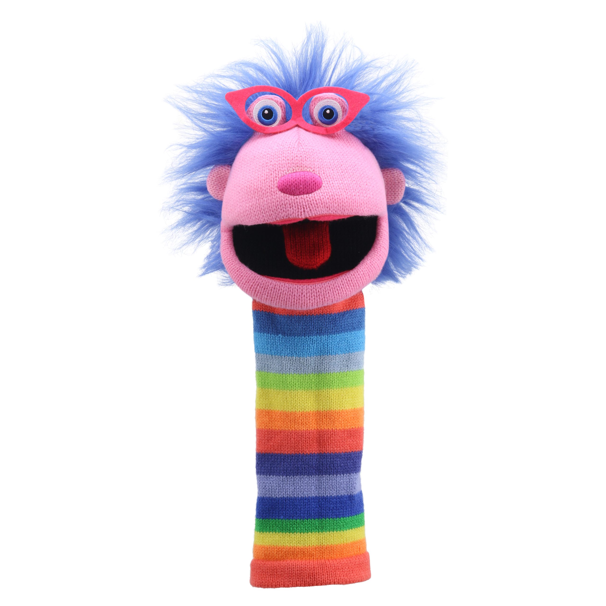 The Puppet Company Sockenhandpuppe Gloria, pinkfarbenes Monster mit wilder blauer Mähne, Brille und regenbogengestreiftem Körper