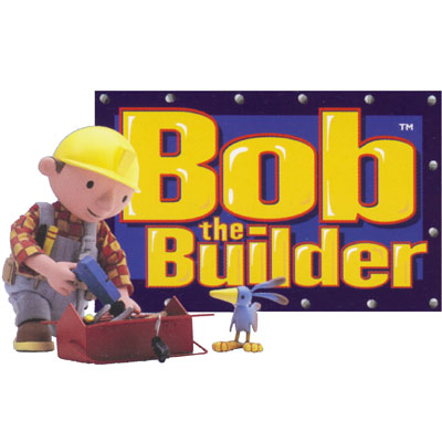 decofun Bob der Baumeister Logo, Bob mit Werkzeugkiste vor blauem Logo-Schild mit Schriftzug Bob the Builder