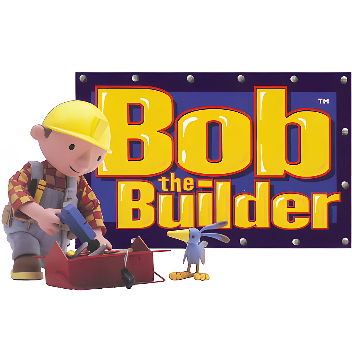 decofun Bob the Builder logo, Bob with his toolbox in front of a blue logo sign reading Bob the Builder