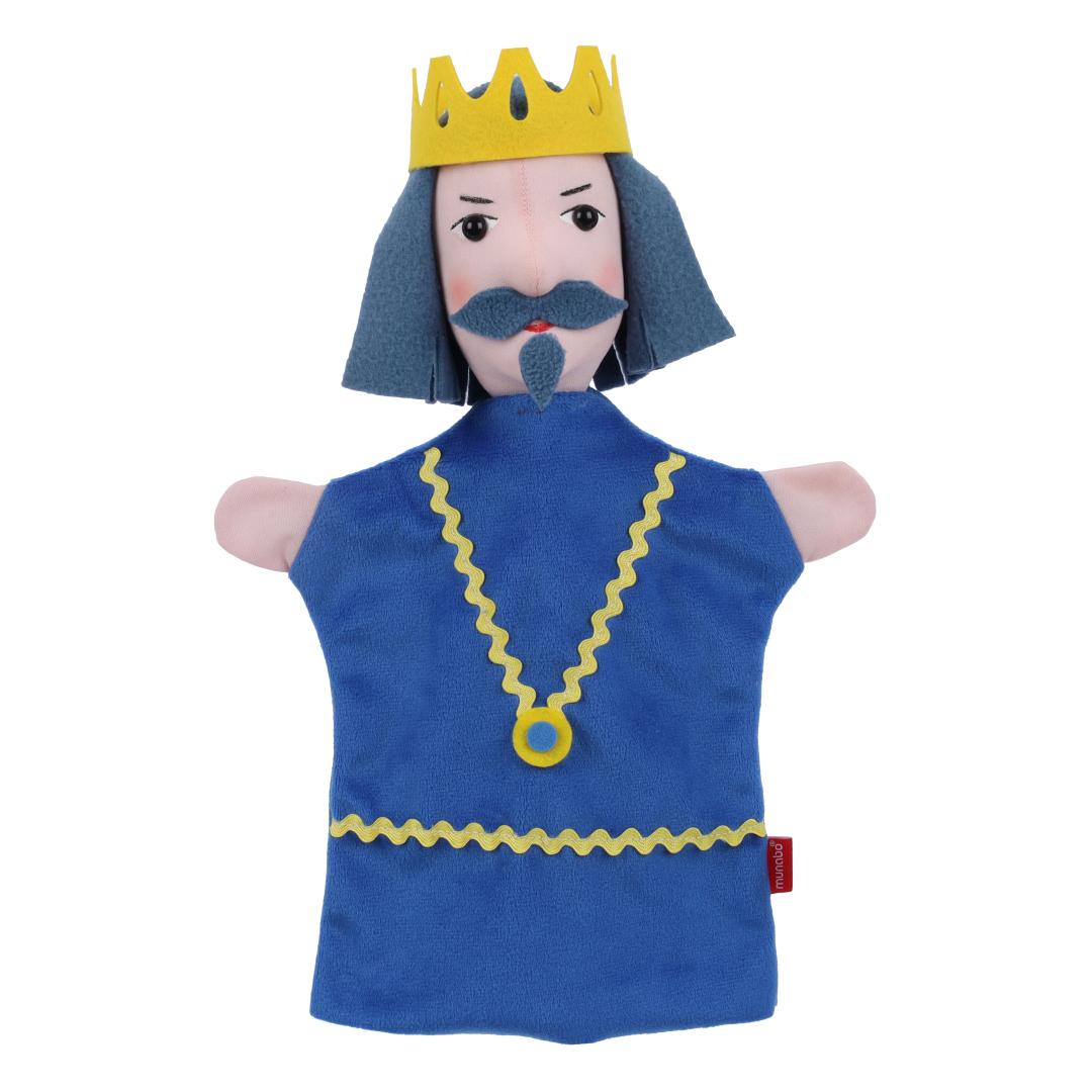 Kasperlepuppe König von munabo, Vorderansicht: blaues Gewand mit gelbem Zickzackband, gelbe Krone, graublaues Haar und Schnurrbart.