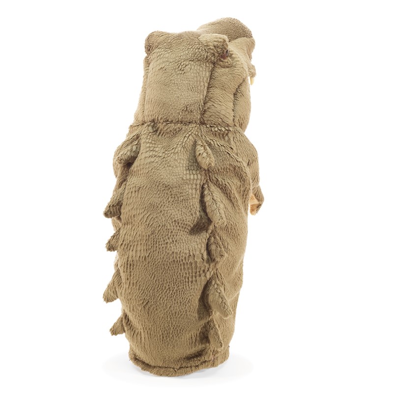 Folkmanis crocodile hand puppet seen from behind, beige-brown scale pattern in textured plush, standing upright