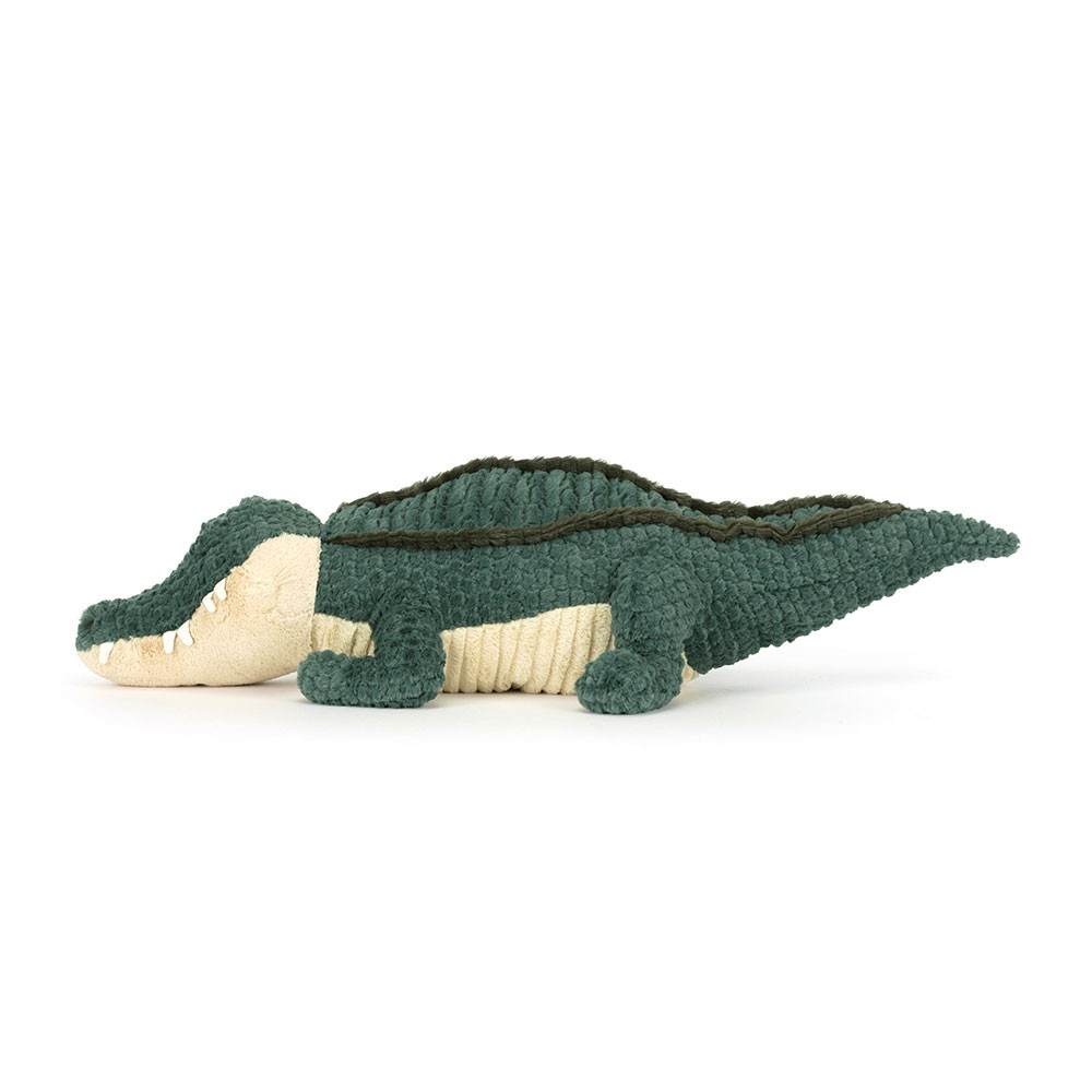 Jellycat Kuscheltier Alligator Allexi, Seitenansicht mit langem Schwanz und cremefarbener Schnauze