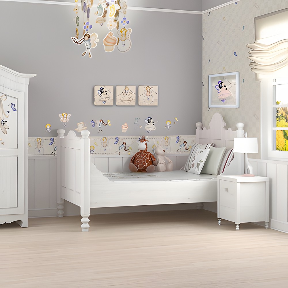 graham & brown Wandsticker Heirloom, Kinderzimmer mit Feen-Bordüre, gerahmten Bildern und weißem Bett