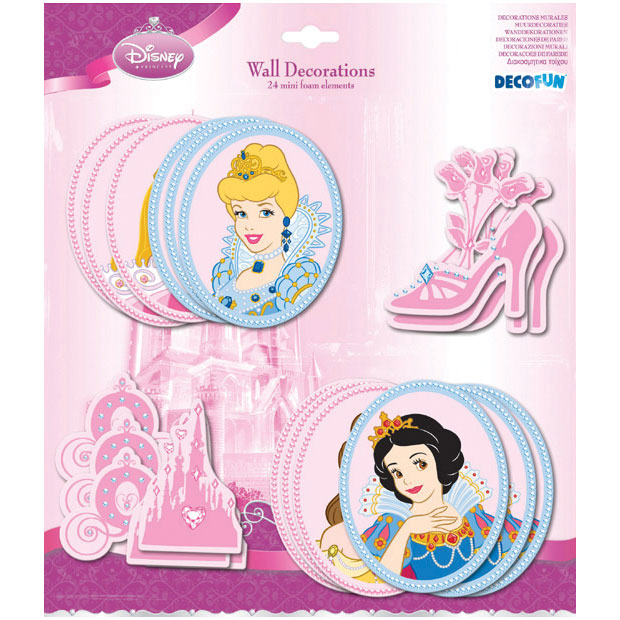 decofun Mini-Wanddekoration Disney Princess Verpackung, 24 Mini-Schaumstoffelemente mit Cinderella, Snow White, Schuh und Kutsche