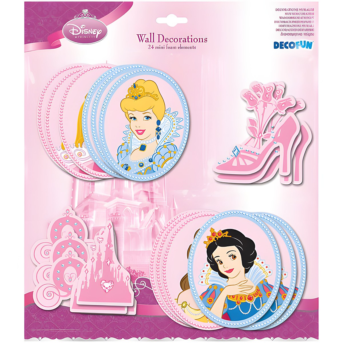 decofun Mini-Wanddekoration Disney Princess Verpackung, 24 Mini-Schaumstoffelemente mit Cinderella, Snow White, Schuh und Kutsche