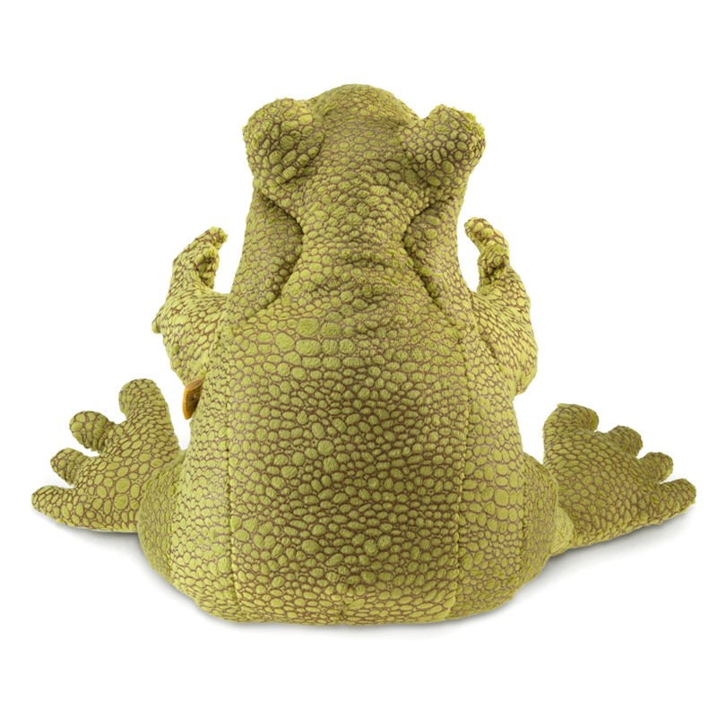 Folkmanis Handpuppe Lustiger Frosch in Olivgrün mit strukturierter Schuppentextur, Rückansicht