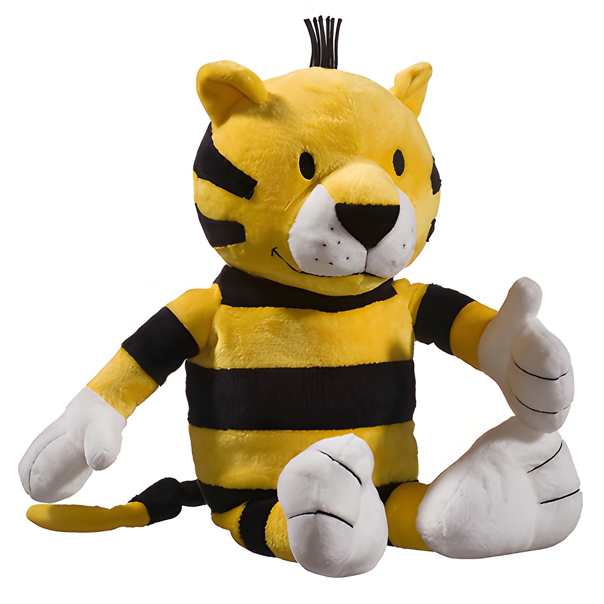 Heunec plush figure Little Tiger, yellow and black striped plush tiger with white paws, seated