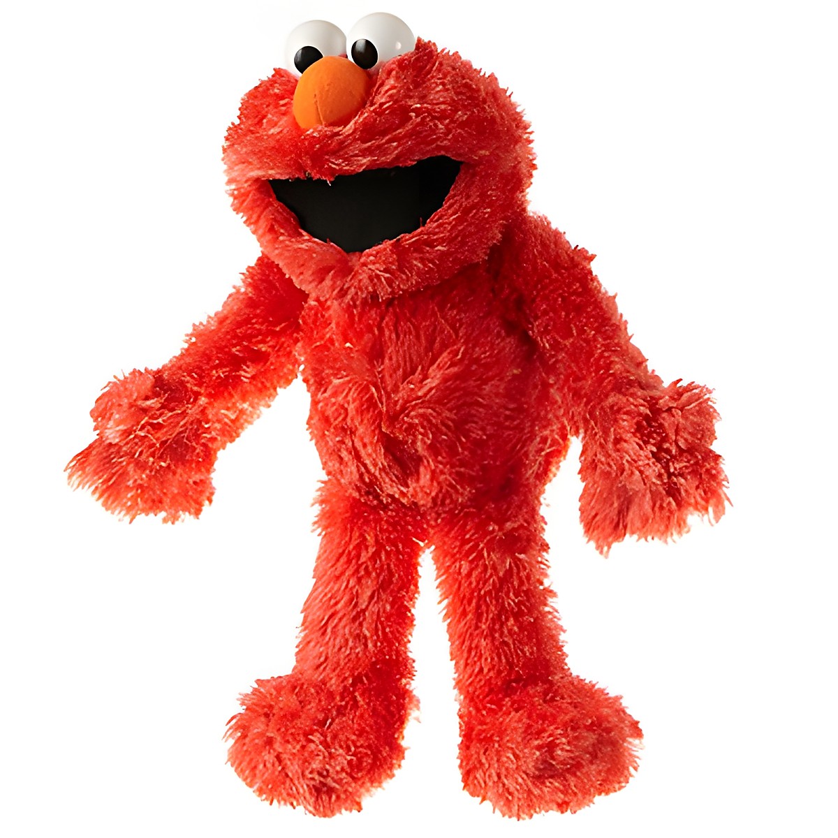 Living Puppets Handpuppe Mini Elmo aus der Sesamstraße mit rotem Zottelfell, orangefarbener Nase und geöffnetem schwarzem Mund, stehend