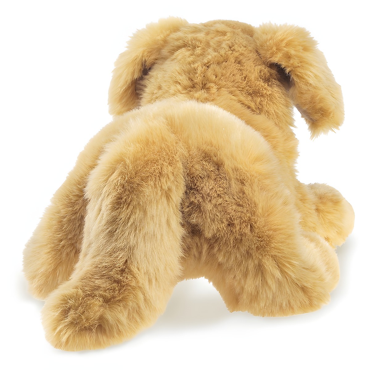 Folkmanis Handpuppe Golden Retriever Welpe von hinten, goldbeiges Plüschfell mit hängenden Ohren, sitzende Pose