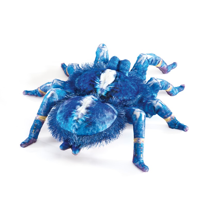 Folkmanis Handpuppe Blaue Ornament-Vogelspinne mit blau-weißem Fellmuster und acht gegliederten Beinen, Schrägansicht