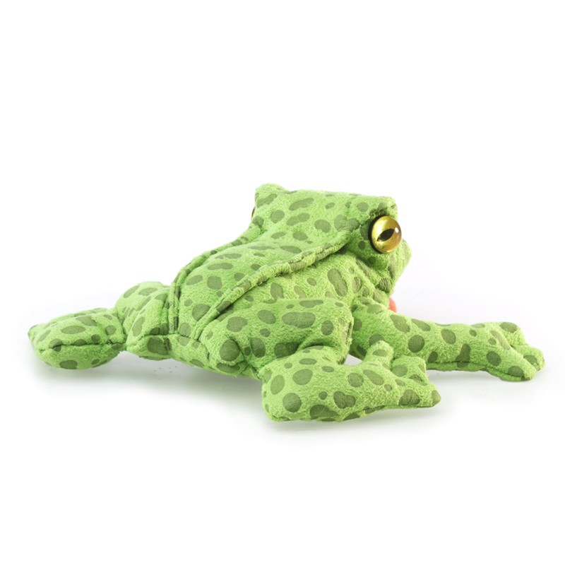 Folkmanis mini frog finger puppet in light green with dark green spots and gold-coloured eyes, lying flat