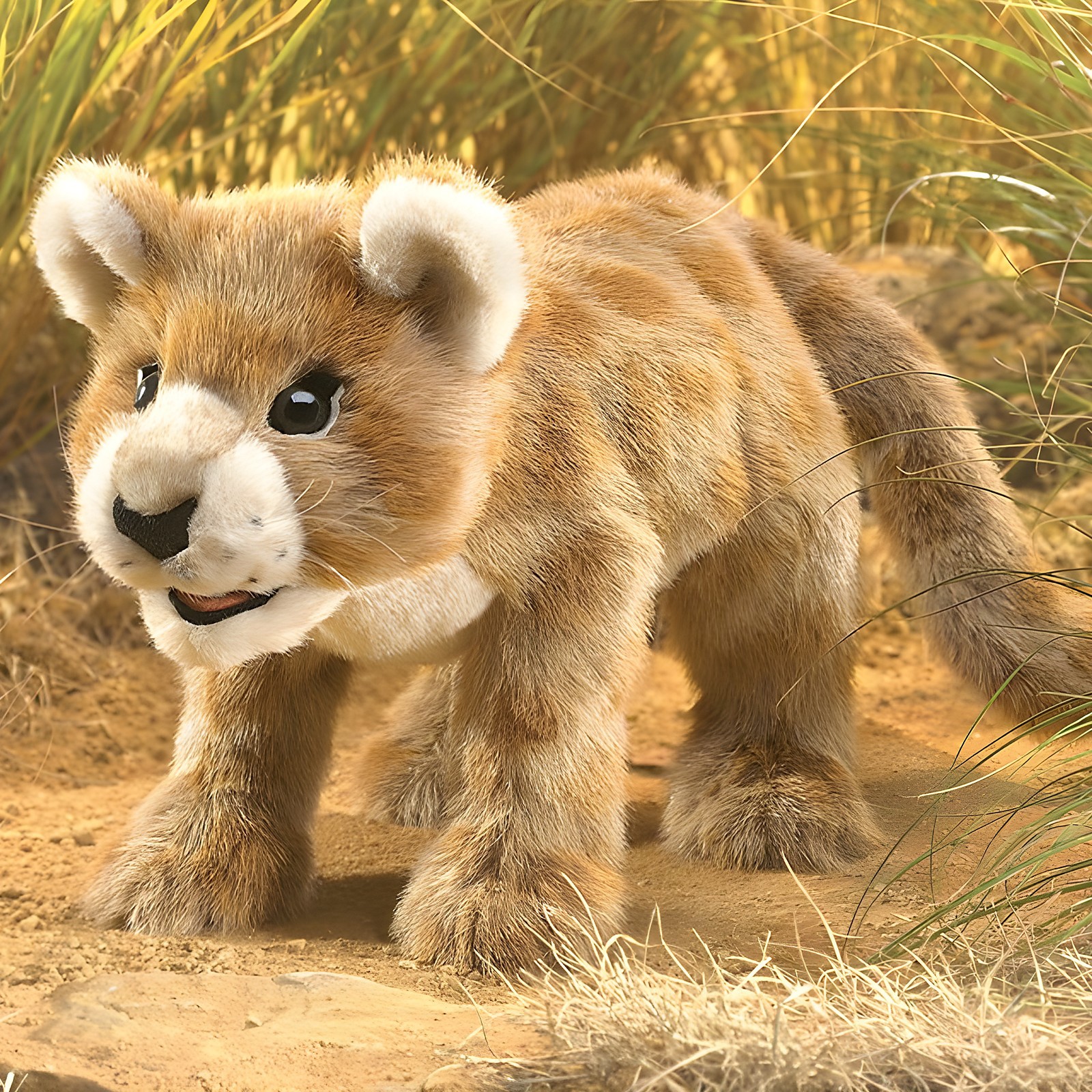 Folkmanis Handpuppe Löwenbaby aus goldfarbenem Plüsch, stehend, mit hellem Schnauzenbereich und schwarzen Augen, Seitenansicht
