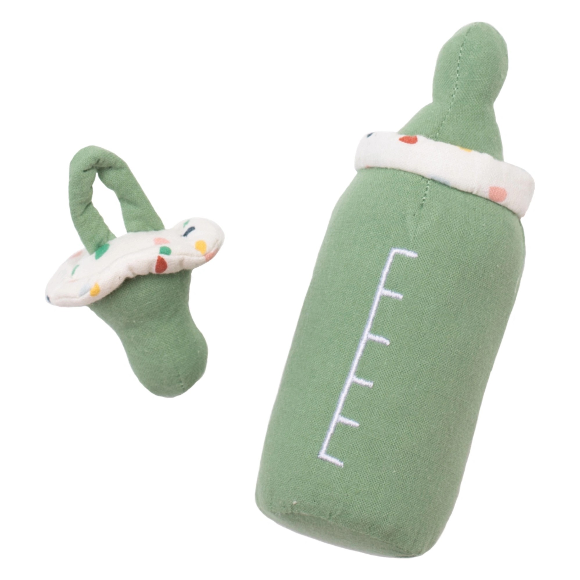 Bottle and pacifier in green by Rubens Barn for baby dolls, made of soft fabric