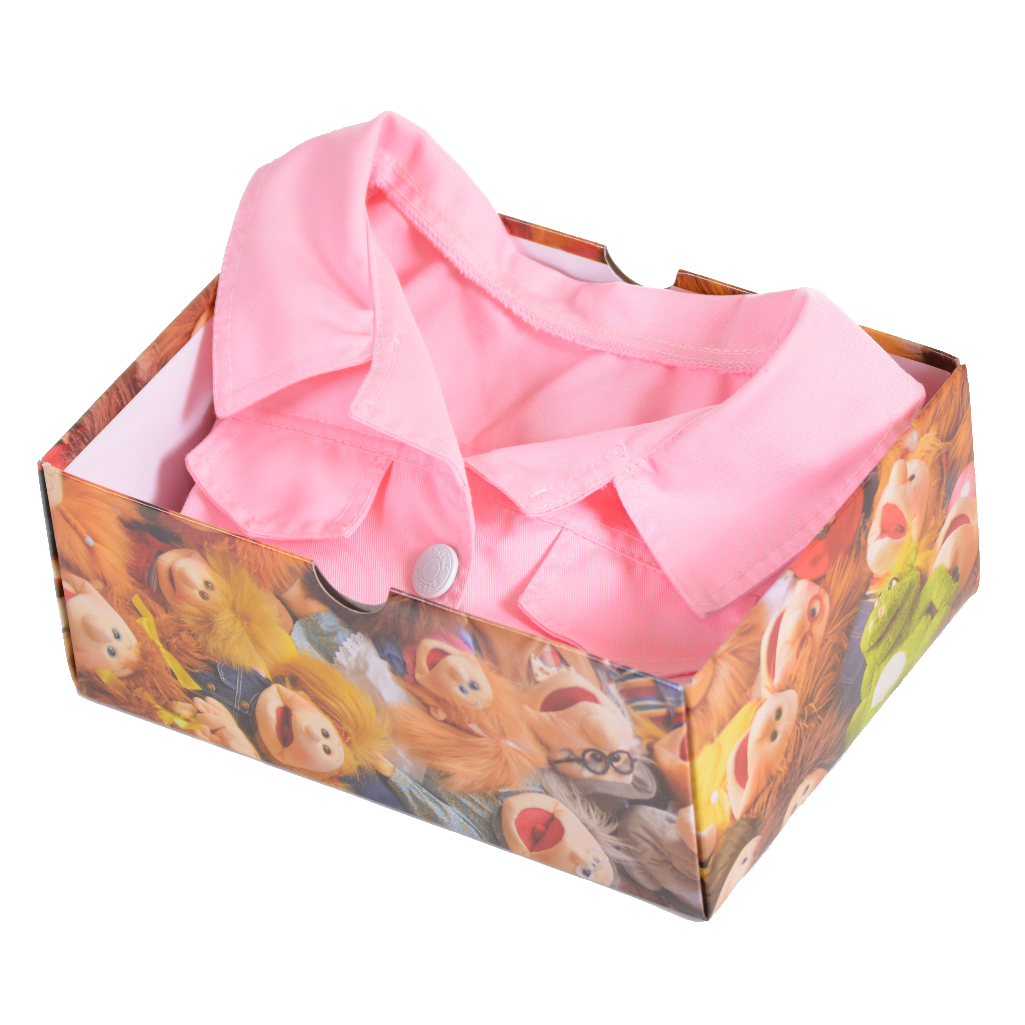 Pink trench coat for Living Puppets hand puppets, folded in a gift box with hand puppet motifs, detail view