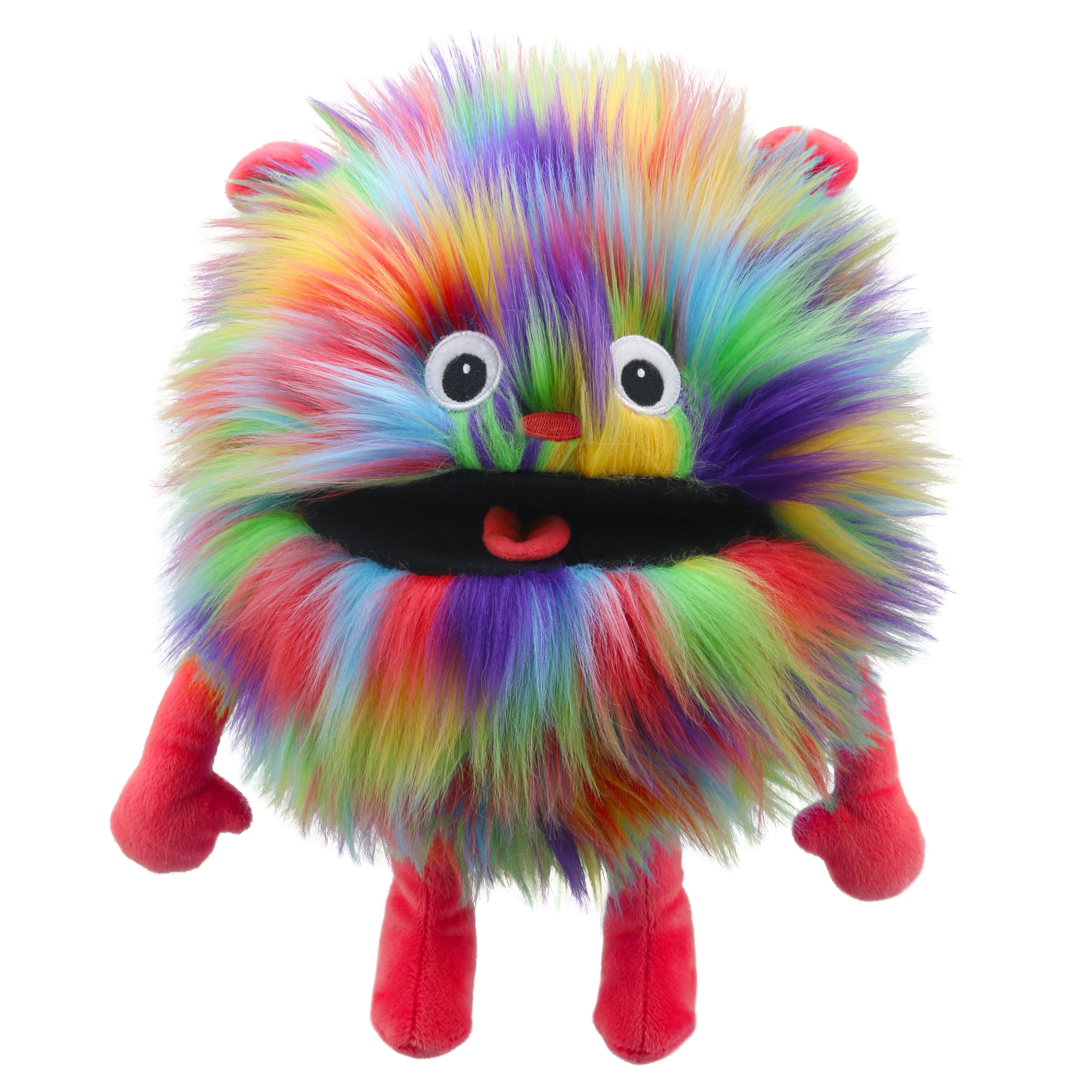 The Puppet Company Handpuppe Baby Monster Regenbogen, buntes langhaariges Monster mit roten Händen und Füßen
