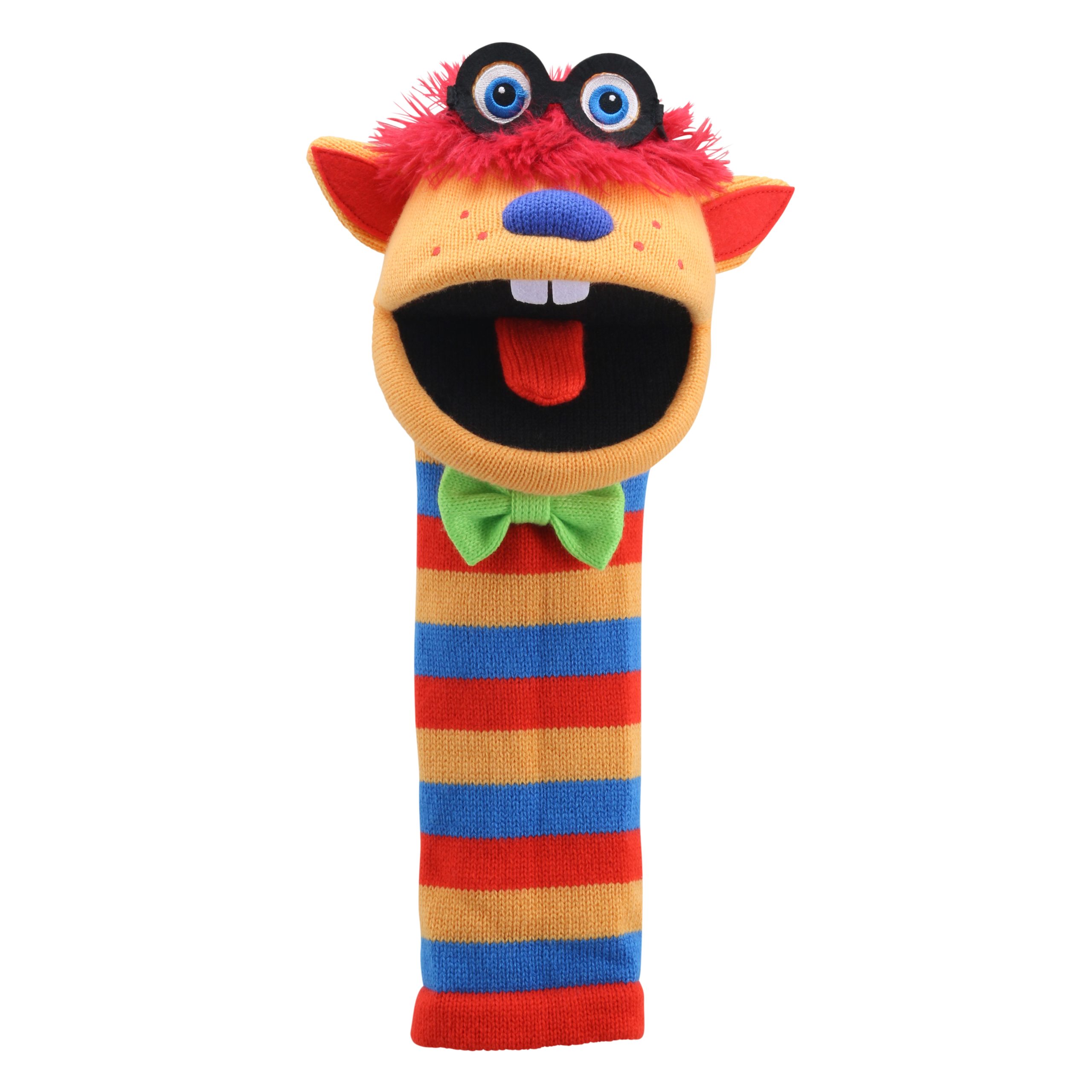 The Puppet Company Sockenhandpuppe Humphrey, orangefarbenes Monster mit rotem Haarschopf, Brille, Fliege und gestreiftem Körper