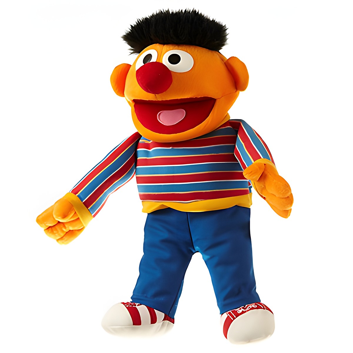 Living Puppets Handpuppe Mini Ernie aus der Sesamstraße mit orangefarbenem Kopf, gestreiftem Shirt, blauer Hose und Turnschuhen