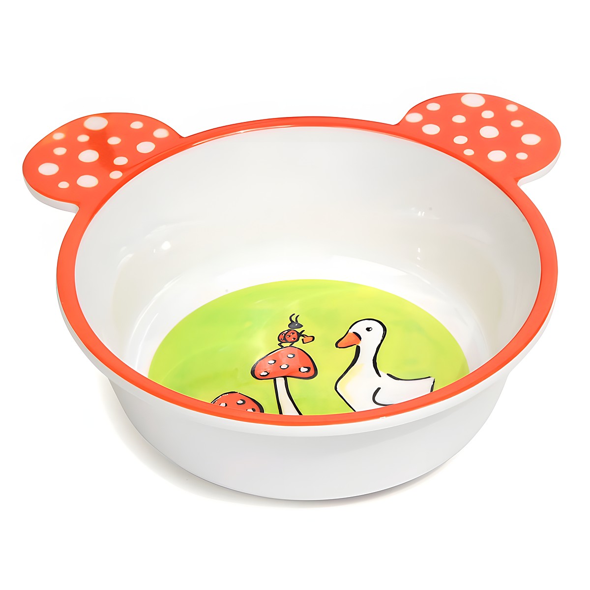 Egmont Toys Kinderschuessel Pilze, weiss-rote Schuessel mit Baerenohren-Griffen und Motiv aus Ente und Fliegenpilzen