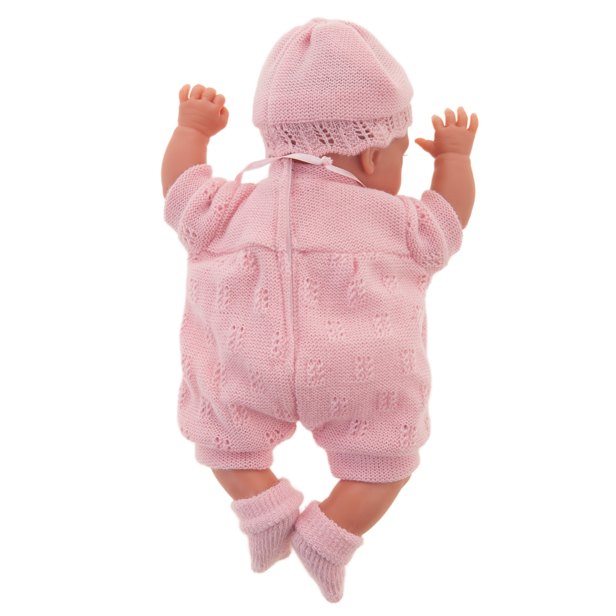 Antonio Juan Babypuppe Peke, realistische Puppe im rosa Strickset von hinten, beide Ärmchen nach oben gestreckt