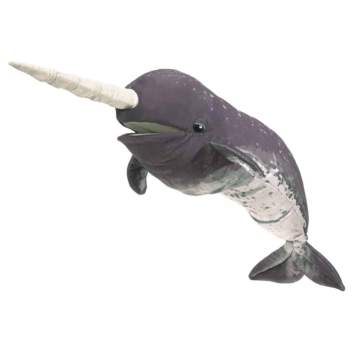 Folkmanis narwhal hand puppet in dark grey with white belly, light spiral horn and open mouth, side view