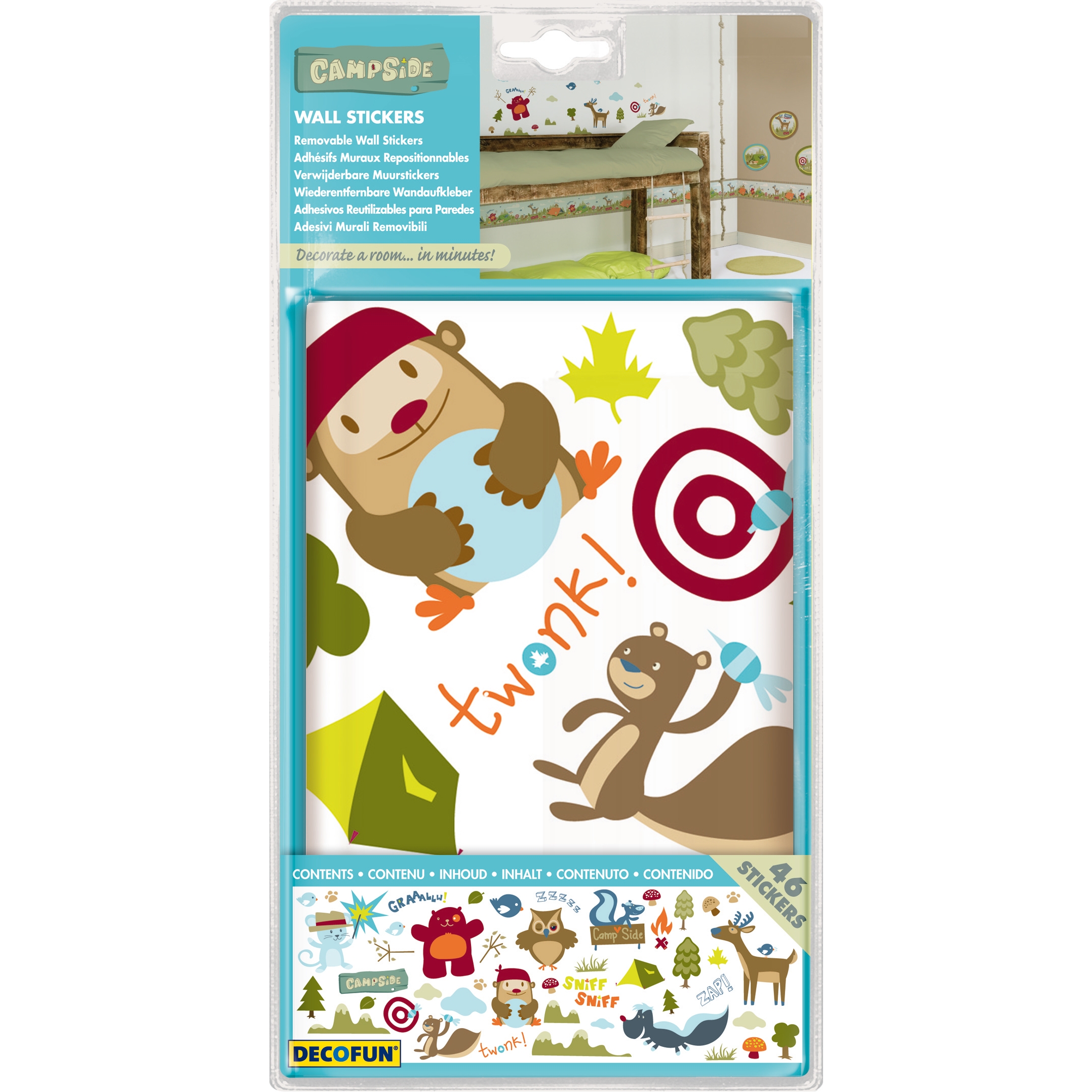 decofun Wandsticker Campside Verpackung, Bär und Eichhörnchen mit Zielscheibe im Fokus, 44 Sticker auf Blisterkarte