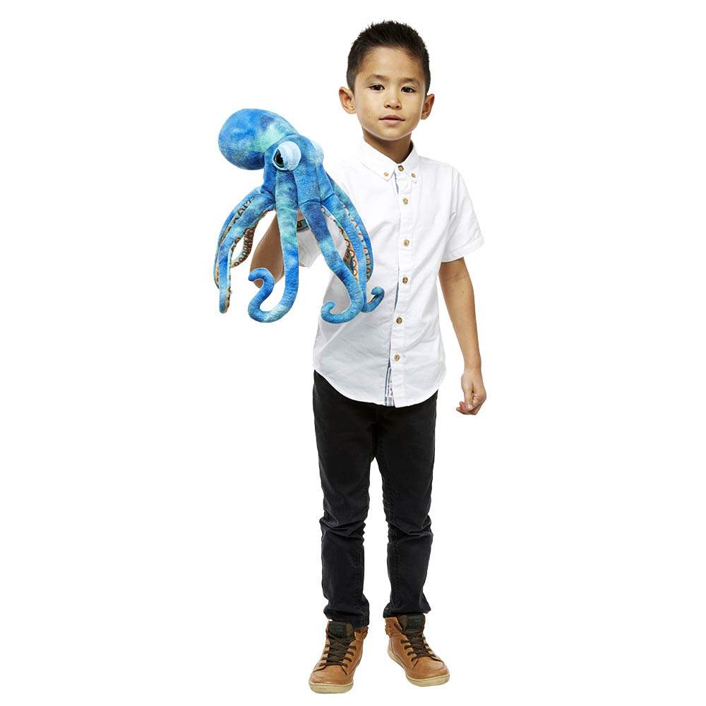 Boy stretching out his arm with the The Puppet Company octopus hand puppet, usage example