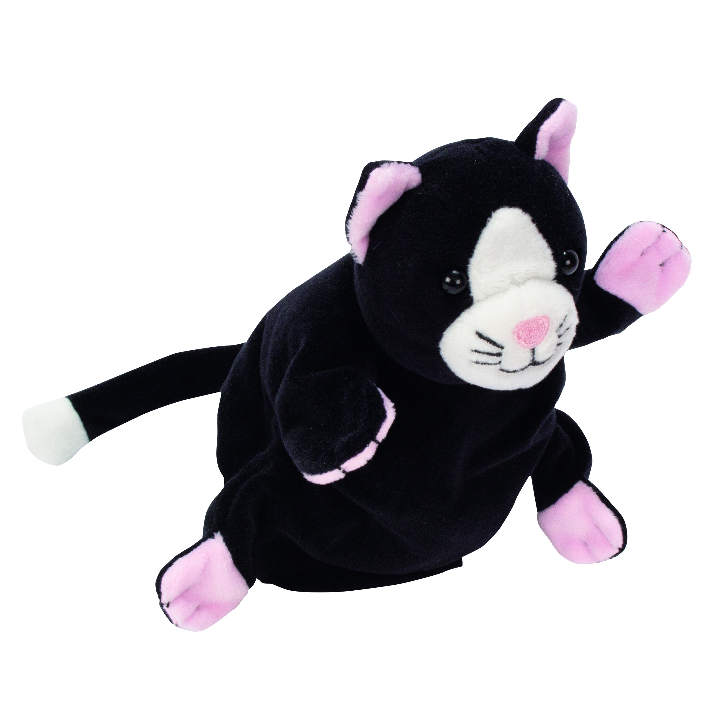 Beleduc Handpuppe Katze mit schwarzem Fell, weißer Schnauze und rosa Pfoten, liegende Haltung