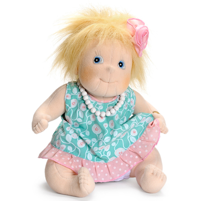 Little Rubens doll in the turquoise party rose dress with pearl necklace and pink hair bow