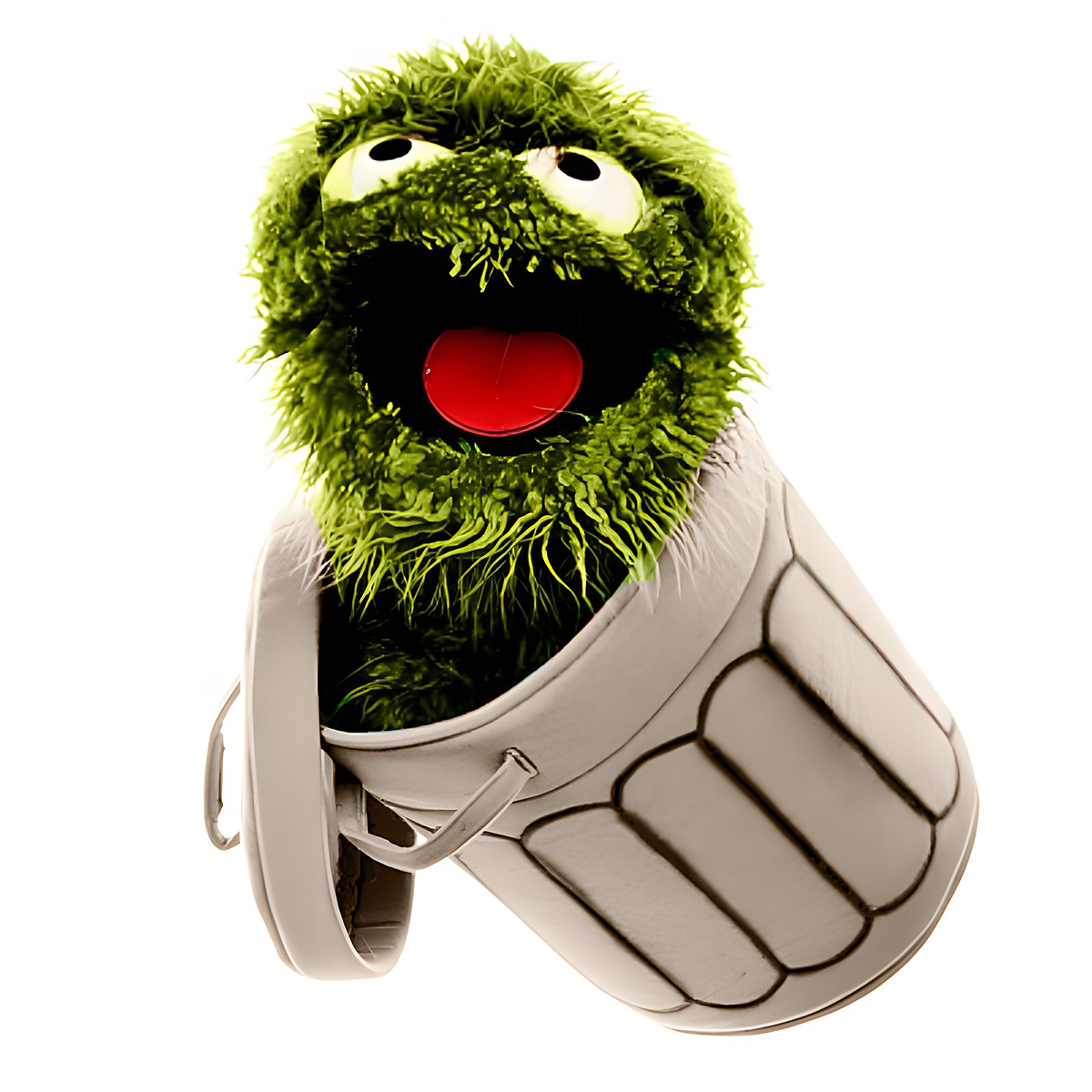 Living Puppets hand puppet Oscar from Sesame Street with an open red mouth, peeking out of the tilted rubbish bin