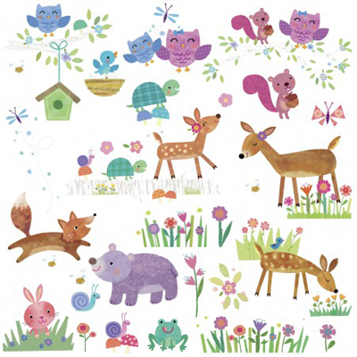 RoomMates wall decal Woodland Baby, decal sheet with woodland animal motifs such as birds, owls, squirrels and a deer on a white background