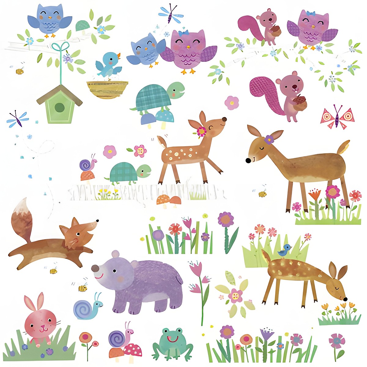 RoomMates wall decal Woodland Baby, decal sheet with woodland animal motifs such as birds, owls, squirrels and a deer on a white background