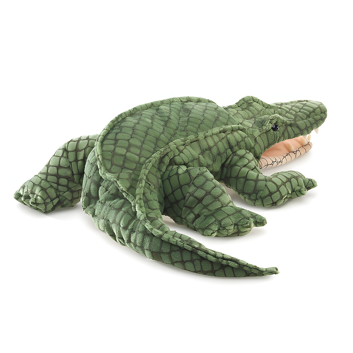 Folkmanis Handpuppe Alligator in Dunkelgrün mit genähtem Schuppenmuster, geöffnetem Maul und seitlich ausgebreiteten Beinen, Schrägansicht