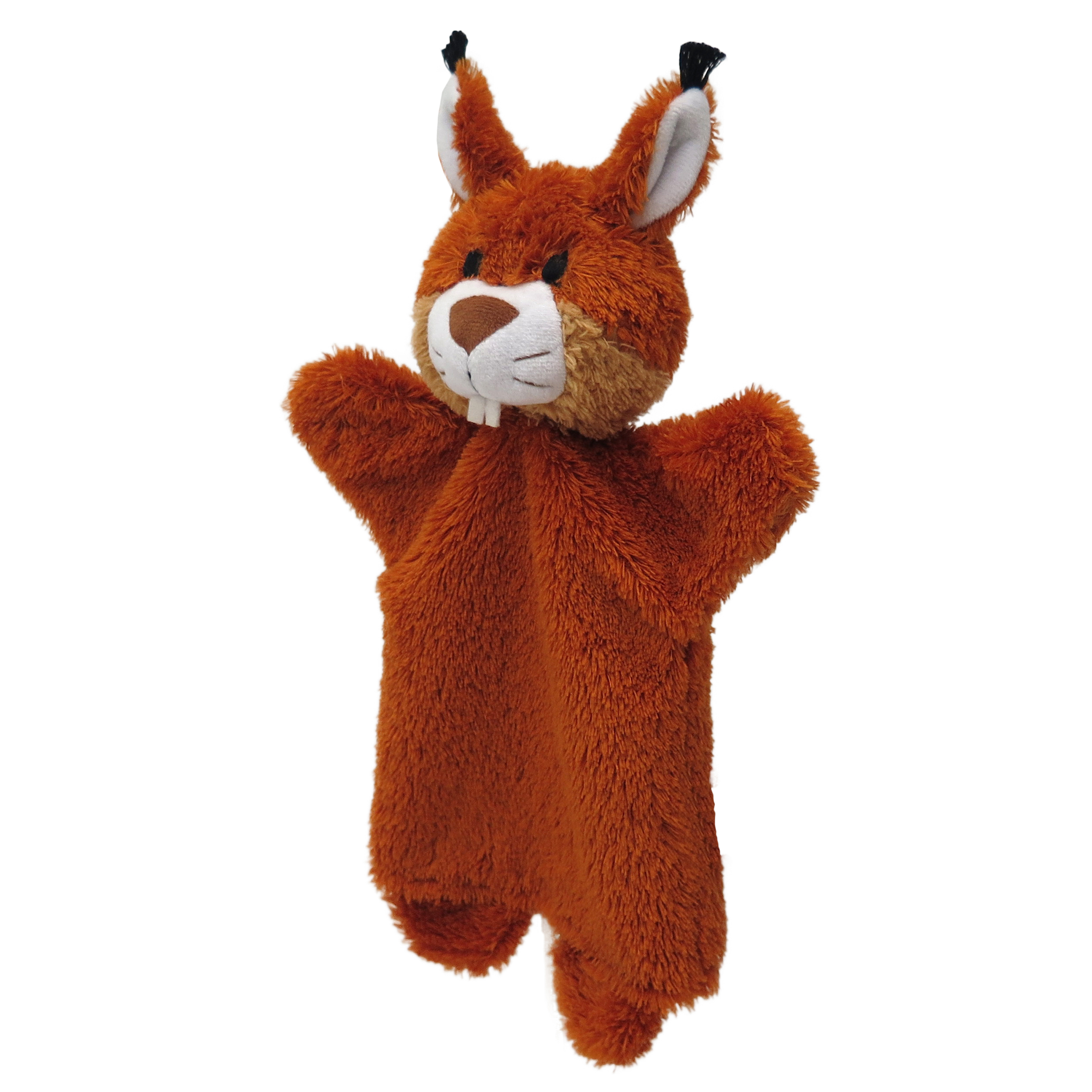 Kasperlepuppe Eichhörnchen von munabo mit rotbraunem Fell, weißen Ohrinnenseiten und Nagezähnchen