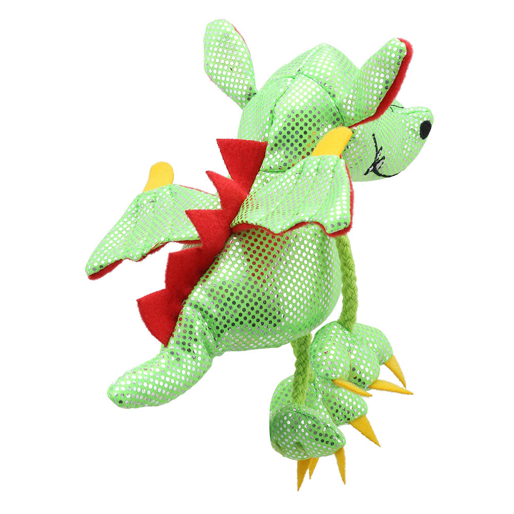 The Puppet Company finger puppet green dragon, green glittery finger puppet with red wings, back view