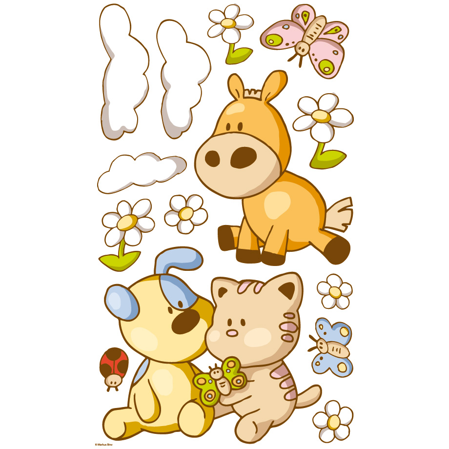 Dinico sticker set Streichelzoo, pony, dog with blue ears and cat with a butterfly, surrounded by clouds and flowers
