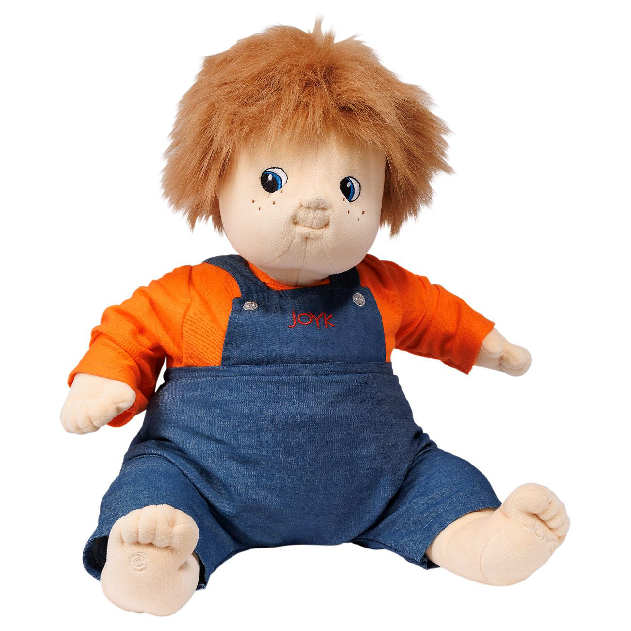 Joyk Empathiepuppe Simon mit rotblondem Wuschelhaar, Sommersprossen, orangem Shirt und Jeans-Latzhose