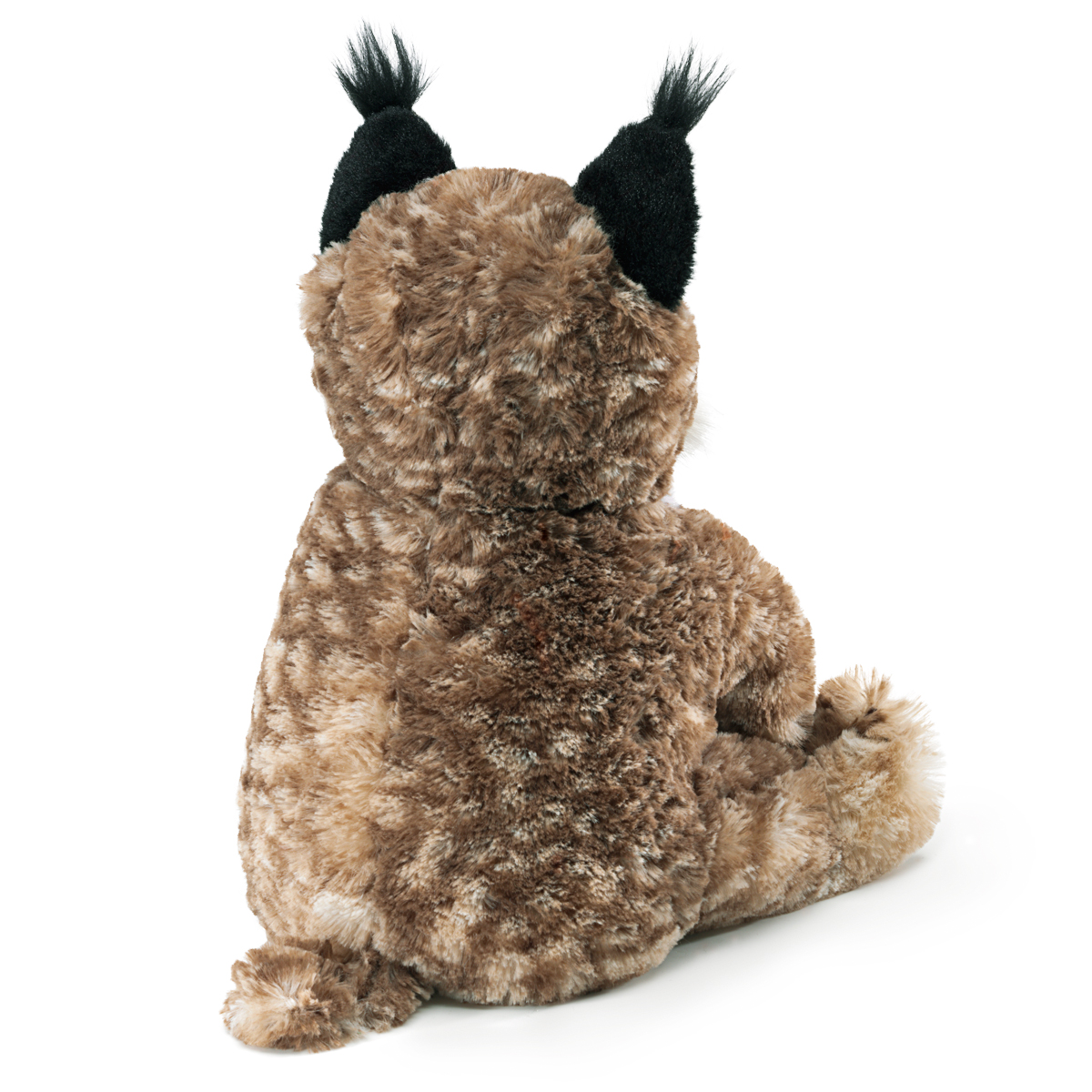 Folkmanis bobcat kitten hand puppet shown from behind, brown mottled plush fur, black ears with distinctive tufts, sitting pose