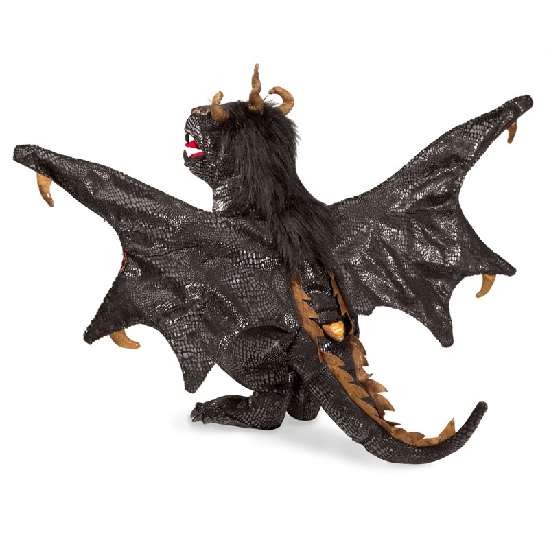 Folkmanis Handpuppe schwarzer Drache mit ausgebreiteten Flügeln, Schuppenstruktur, goldbraunen Hörnern und geöffnetem Maul, Schrägansicht