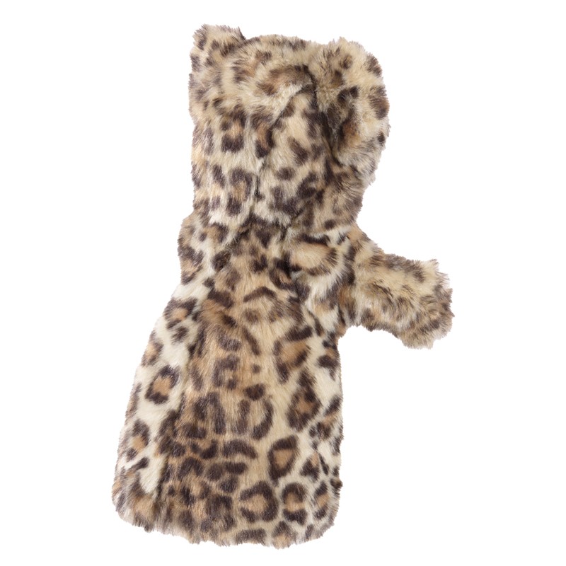 Folkmanis hand puppet leopard cub with beige fur and dark spots, back view with one arm stretched out to the side