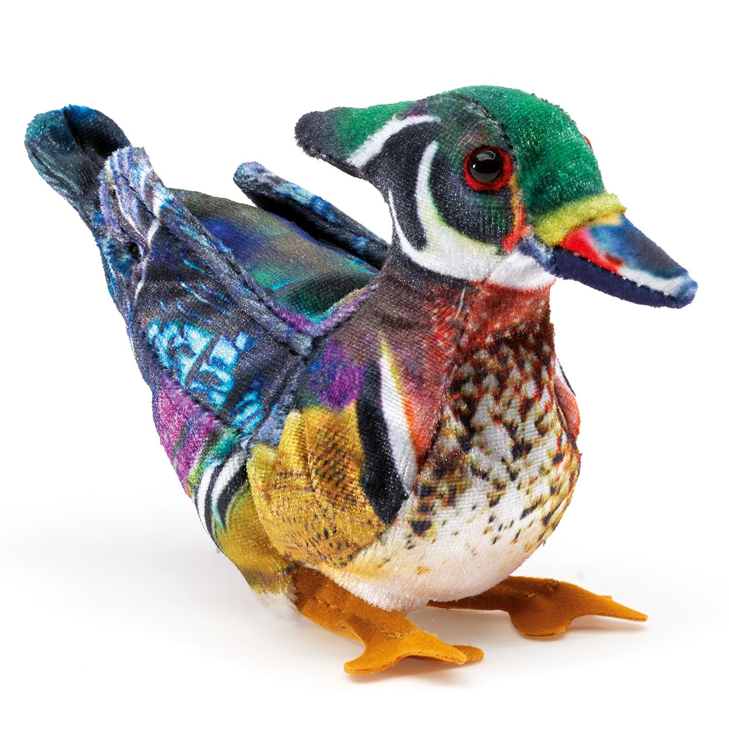 Folkmanis mini wood duck finger puppet with detailed green head, red eye and multicoloured plumage, shown in side view