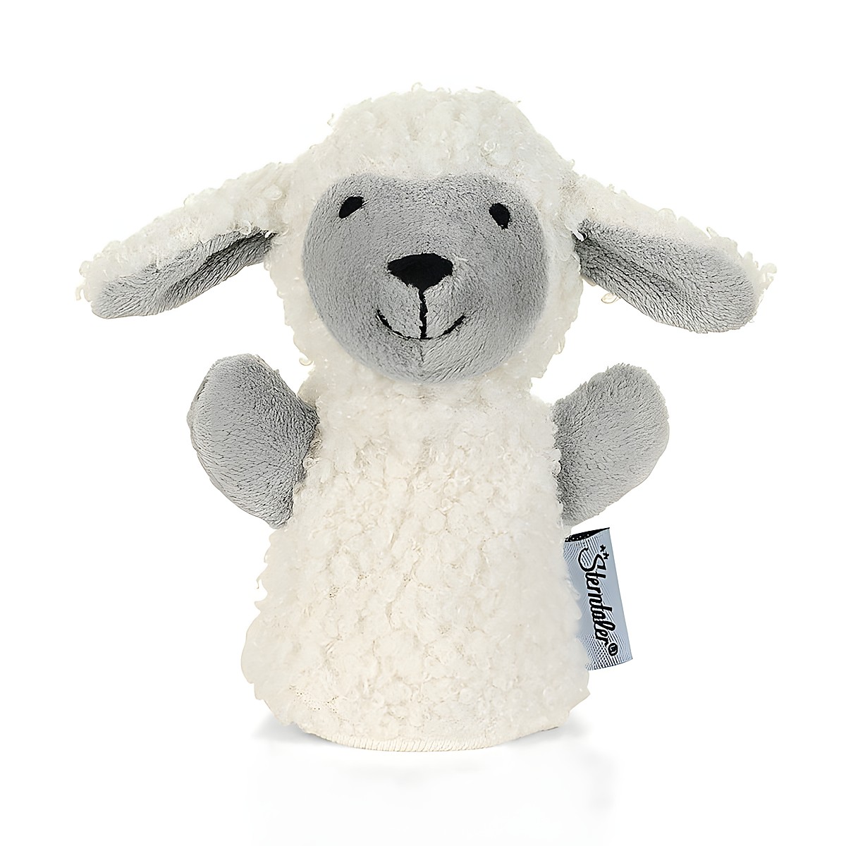 Sterntaler Fingerpuppe Schaf Stanley, cremefarbenes Lockenfell mit grauem Gesicht und großen Schlappohren