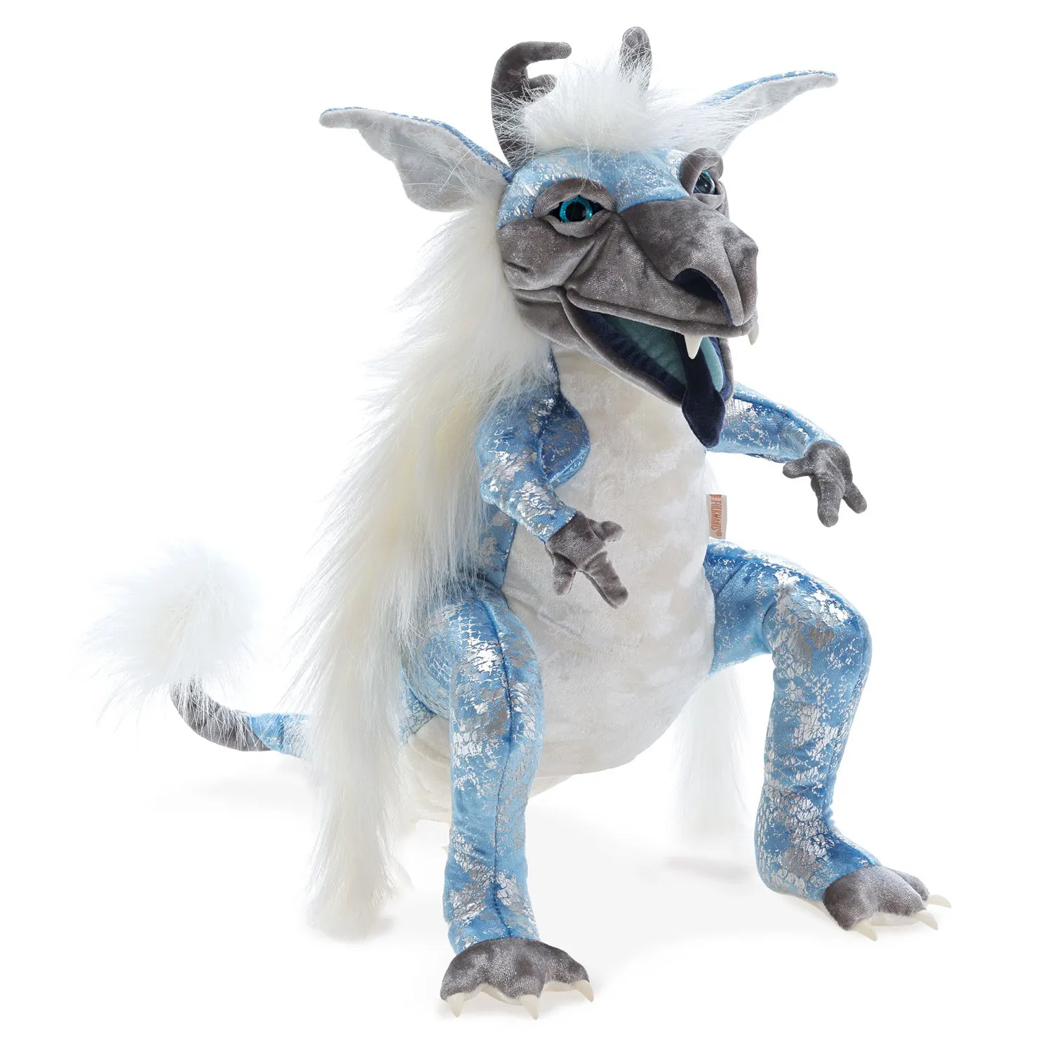 Folkmanis Handpuppe Eisdrache in Blau-Silber mit weißer Mähne, beweglichem Maul und türkisfarbenen Augen, Schrägansicht