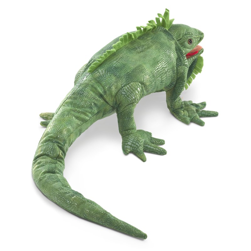 Folkmanis iguana hand puppet in rich green with detailed scale texture, dorsal crest and red tongue, top view