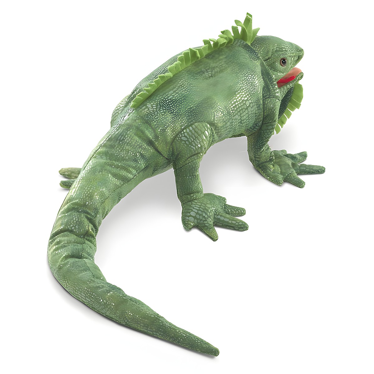Folkmanis Handpuppe Leguan in sattem Grün mit detaillierter Schuppenstruktur, Rückenkamm und roter Zunge, Draufsicht