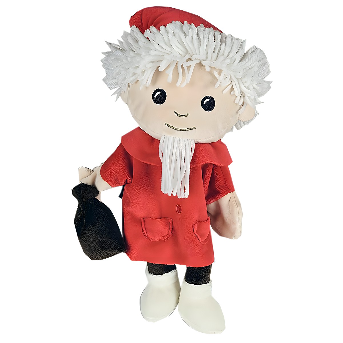 Heunec Handpuppe Sandmaennchen, Pluschpuppe im roten Mantel mit Zipfelmuetze, weissem Bart und schwarzem Sack in der Hand