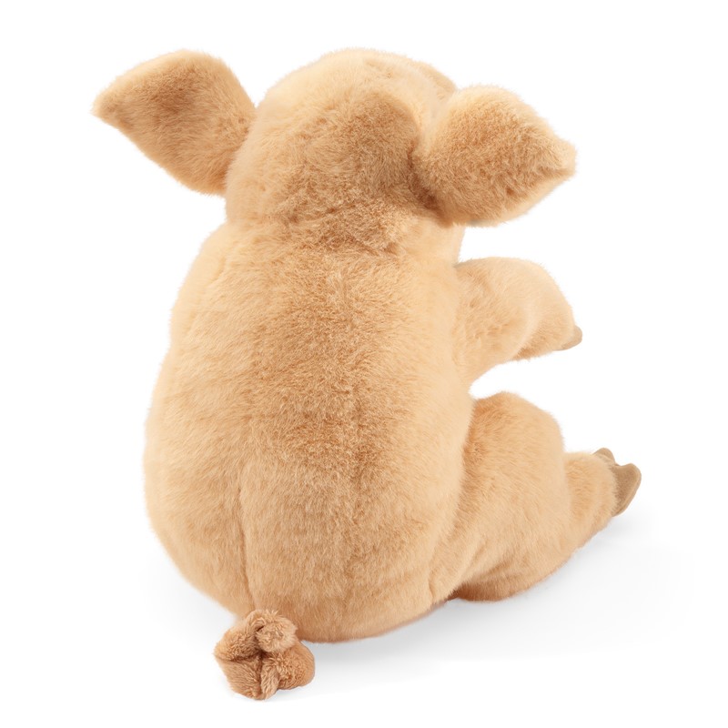 Folkmanis Handpuppe Schweinchen in sandfarbenem Plüsch, Rückenansicht mit charakteristischem Ringelschwanz und abstehenden Ohren.