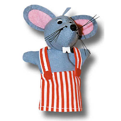 Fingerpuppe Maus von munabo mit grauem Kopf, großen rosa Ohren und rot-weiß gestreifter Latzhose