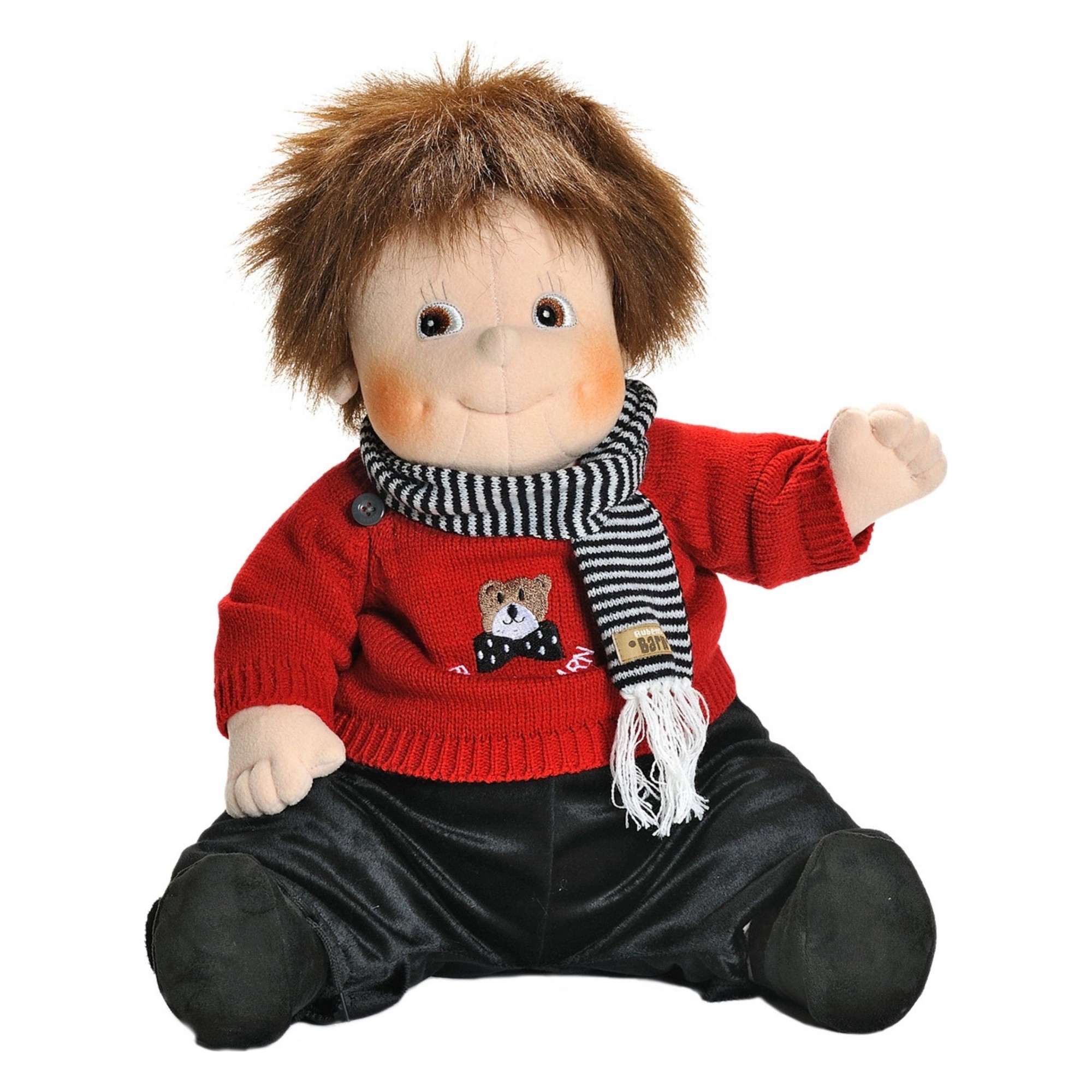 Rubens Barn Puppe Emil mit rotem Teddy-Pullover, gestreiftem Schal und dunkler Hose